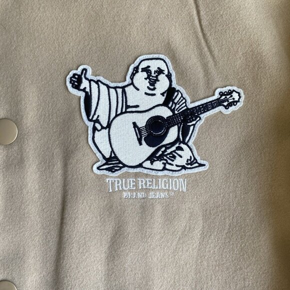 NEW True Religion Jacket Varsity Budda Men Tan White Hood Fwux‎ Leather size L - Picture 6 of 7